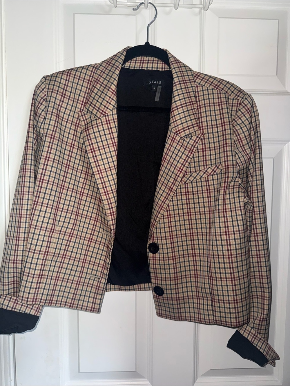 1. State Cropped Plaid Blazer in Beige and Red